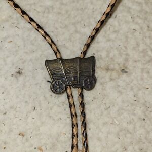 Vintage Western Wagon Bolo Tie Brown Tan Braided Cord Cowboy Western Necklace